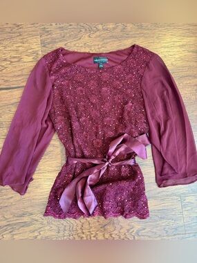 connected apparel Burgundy Lace & Chiffon Tie-Waist Blouse